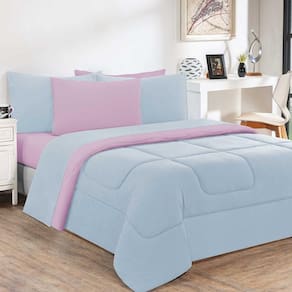 Kit Edredom + Jogo De Lençol Malha 100% Algodão Gran Moratta 7 Peças Queen - Azul Bebê-rosa Bebê