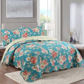 Kit Cobre Leito Colcha Daily Queen 3 Peças Dupla Face Estampado Floral - Vanessa Azul