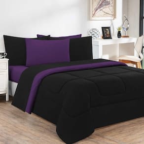 Kit Edredom + Jogo De Lençol Malha 100% Algodão Gran Moratta 7 Peças King - Preto-roxo