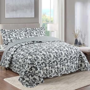 Kit Cobre Leito Colcha Daily Queen 3 Peças Dupla Face Estampado Floral - Cinza Floral