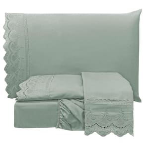 Jogo De Cama Lençol Realce Queen 4 Peças Percal 300 Fios Bordado Inglês Macio - Cinza Chumbo
