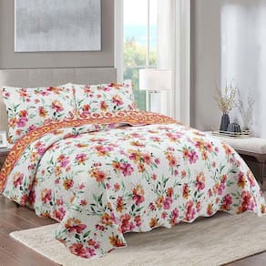 Kit Cobre Leito Colcha Daily Queen 3 Peças Dupla Face Estampado Floral - Lilian Laranja