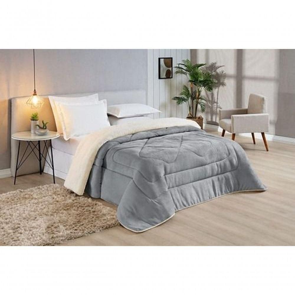Edredom Coberdrom Sherpa-manta Queen Conforto 01 Peça Cor:cinza