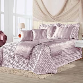 Kit Cobre Leito Colcha Vivian King 10 Peças Cetim Amassado Premium Xale Tule Pérolas - Rose