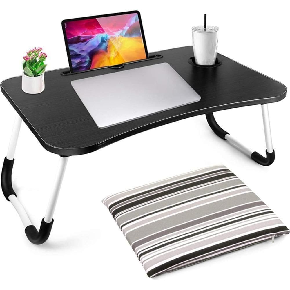 Mesa Notebook Dobravel Home Office Bandeja Sofa Cama Multiuso Suporte Porta Copo Preto