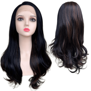 Peruca front lace preta natural orgânica com mechas escuras