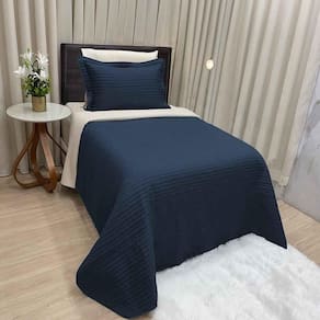 Kit Cobre Leito Colcha Celeste Solteiro 02 Peças Micropercal 200 Fios Prático Liso - Azul Marinho