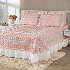 Kit Cobre Leito Colcha Romance Queen 5 Peças Micropercal 200 Fios Matelado Costurado Renda - Rose