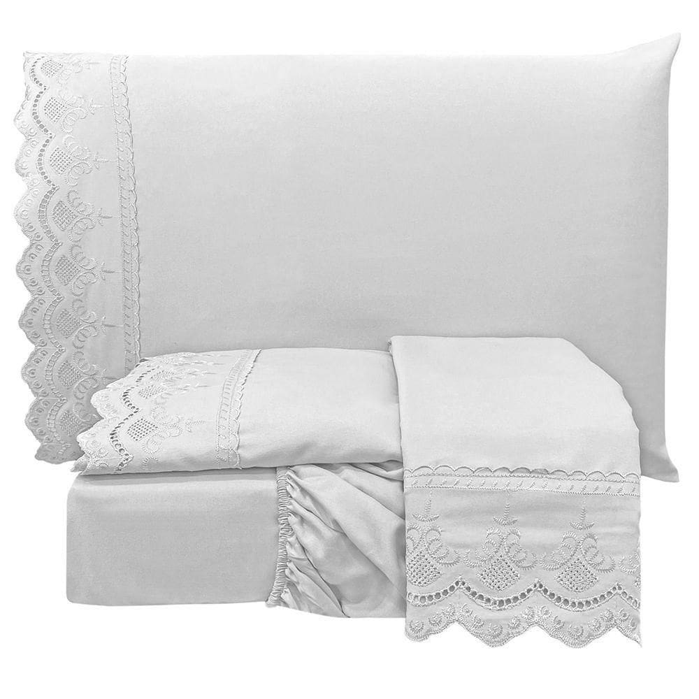 Jogo De Cama Lençol Realce Casal 4 Peças Percal 300 Fios Bordado Inglês Macio - Branco
