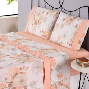 Jogo De Lençol Naturale Estampado Casal 4 Peças Ponto Palito Percal 180 Fios - Salmão Floral