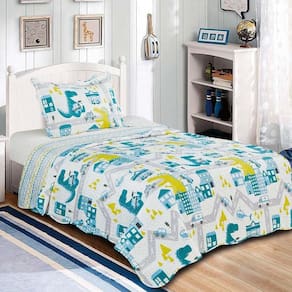 Kit Cobre Leito Colcha Solteiro Infantil Joy Dupla Face Estampado 2 Peças - Dinossauros - Azul