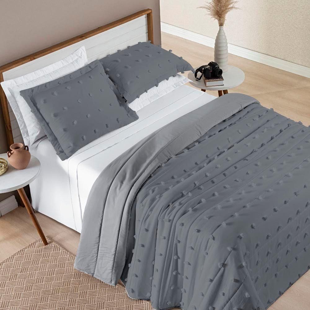 Kit Cobre Leito Colcha Sofist Queen 3 Peças Micropercal 300 Fios Cinza