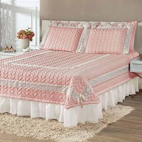 Kit Cobre Leito Colcha Romance King 5 Peças Micropercal 200 Fios Matelado Costurado Renda - Rose