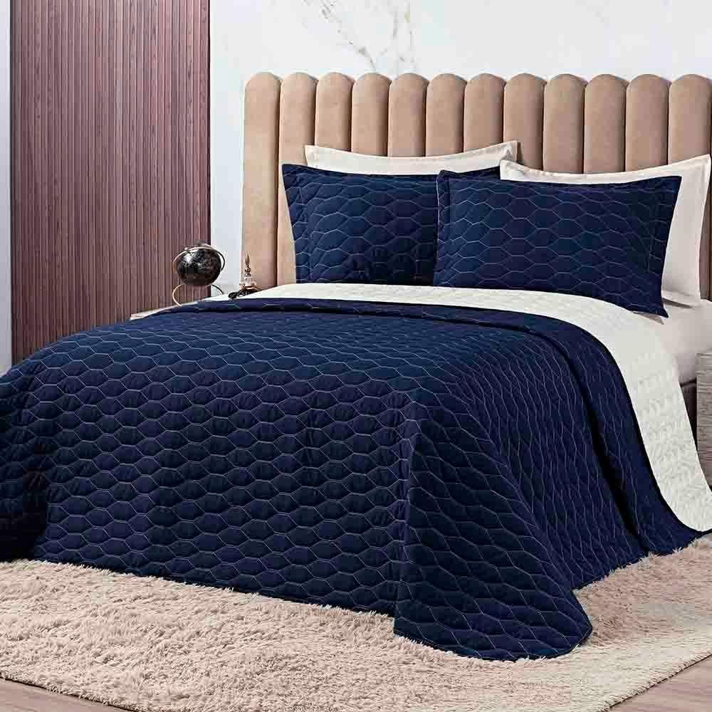 Kit Cobre Leito Colcha Jade King 03 Peças Micropercal 200 Fios Matelado Clean - Azul Marinho