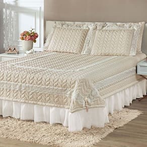 Kit Cobre Leito Colcha Romance King 5 Peças Micropercal 200 Fios Matelado Costurado Renda - Palha
