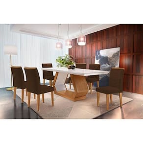Sala de Jantar Completa Alvorada Tampo Madeirado c/ Vidro Canto Reto 180x90cm e 6 Cadeiras Londrina Imbuia/Off White - Suede Marrom - Rufato