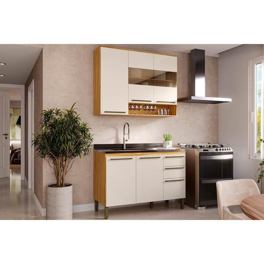 Cozinha Completa Nápoli Prime 2 Peças (1Aéreo+1Balcão) C2P99 Amendoa/Off White - Ronipa