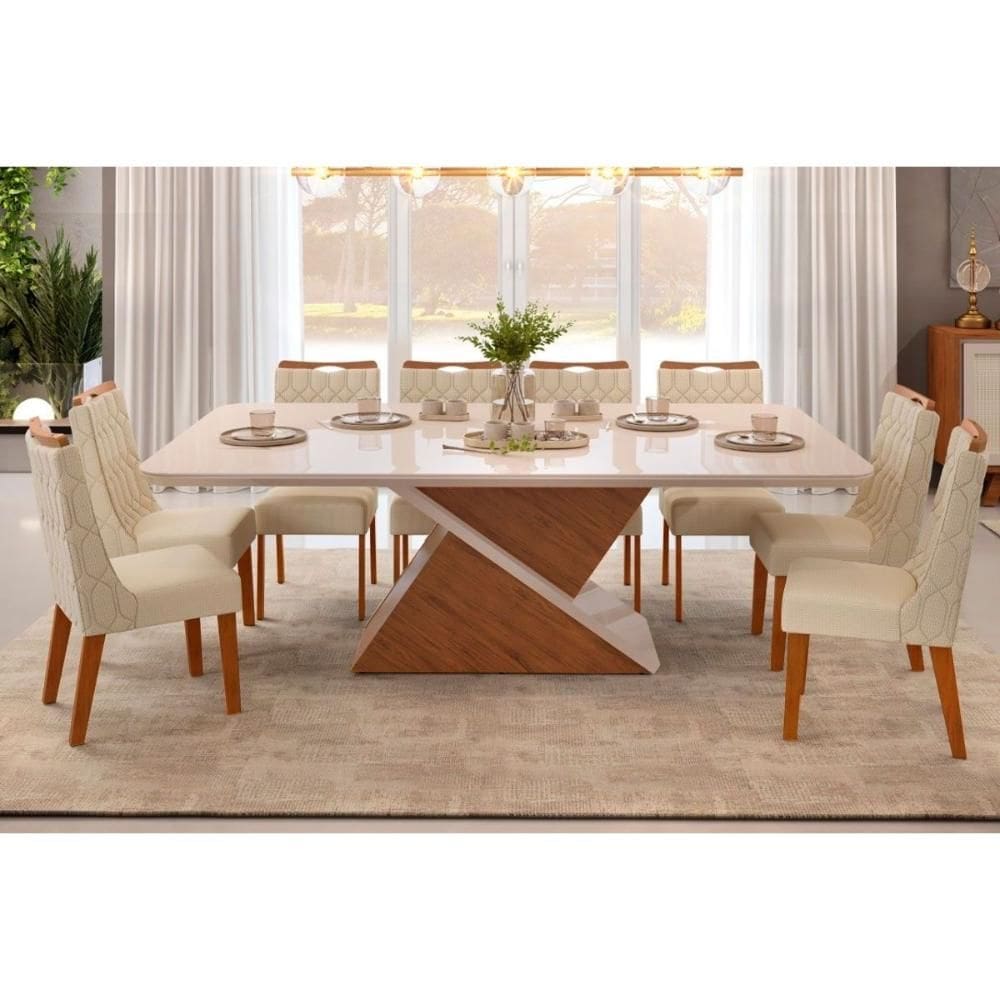Sala de Jantar Completa Zafira Tampo Madeirado c/ Vidro Curvo 200x100cm e 8 Cadeiras Bia Freijo/Off White - Linho Neve - DJ Móveis