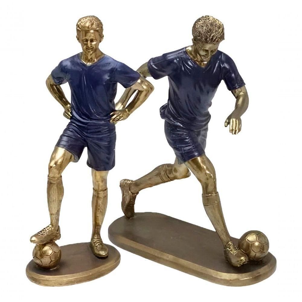 Dupla Estatuetas Decorativa Em Resina Jogadores De Futebol