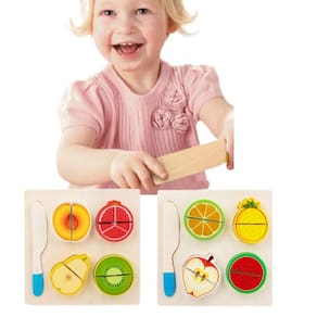 Brinquedo Montessori de corte de frutas de madeira com faca e mesa para crianças