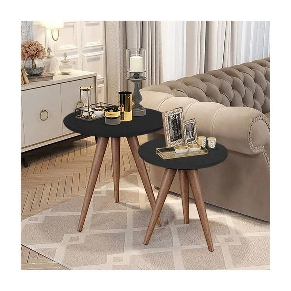 Conjunto Mesa Lateral de Apoio Retrô Pés Palito Preto