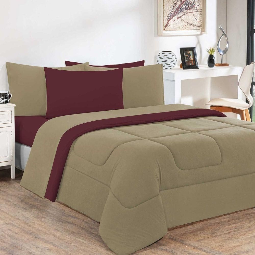 Kit Edredom + Jogo De Lençol 100% Algodão Gran Moratta 6 Peças Queen Avelã-vinho