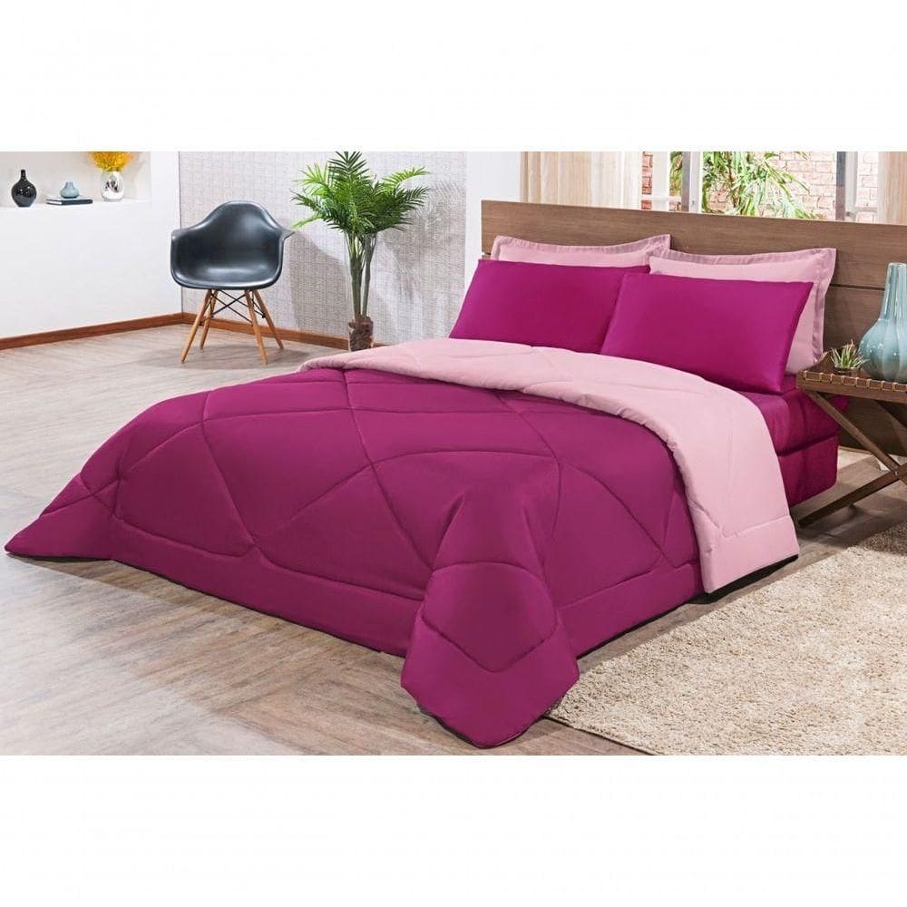 Kit Edredom + Jogo De Lençol Aconchego Look House Dupla Face Casal Queen 06 Peças - Pink E Rosa