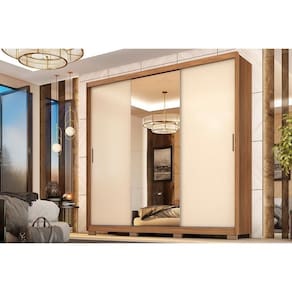 Guarda Roupa Casal 3 Portas de Correr (1 c/ Espelho) e 2 Gavetas c/ Pés Dalila Flex Amêndola/Amêndola ou Off white - Demóbile