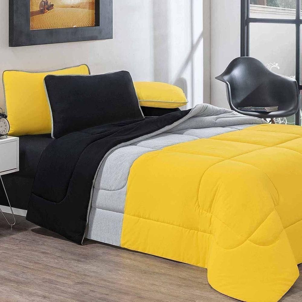 Kit Edredom + Jogo De Lençol 100% Algodão Urbano 7 Peças King Amarelo-mescla-preto