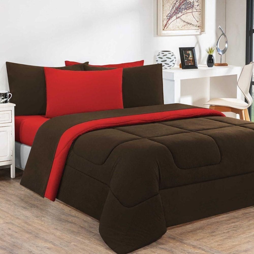 Kit Edredom Jogo De Lençol Malha 100% Algodão Gran Moratta 7 Peças Casal Marrom-vermelho