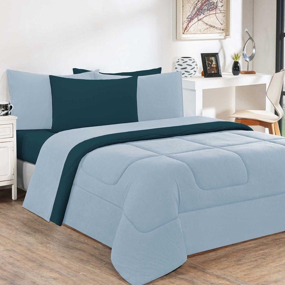 Kit Edredom + Jogo De Lençol Malha 100% Algodão Gran Moratta 7 Peças King - Azul Bebê-azul Petróleo