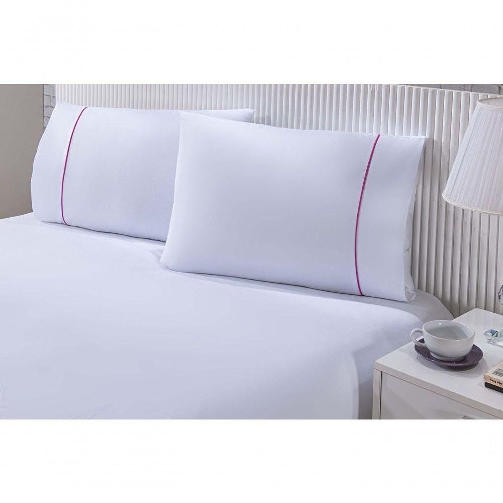 Jogo De Cama 100% Algodão Percal 150 Fios Solteiro Gran Moratta 2 Peças - Branco E Detalhe Rosa