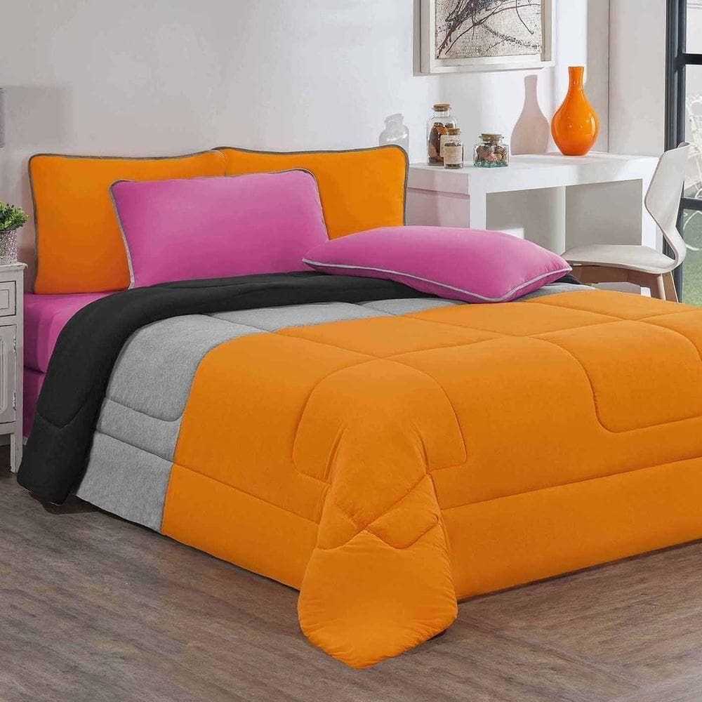 Kit Edredom Jogo De Lençol Malha 100% Algodão 7 Peças King Laranja-mescla-pink