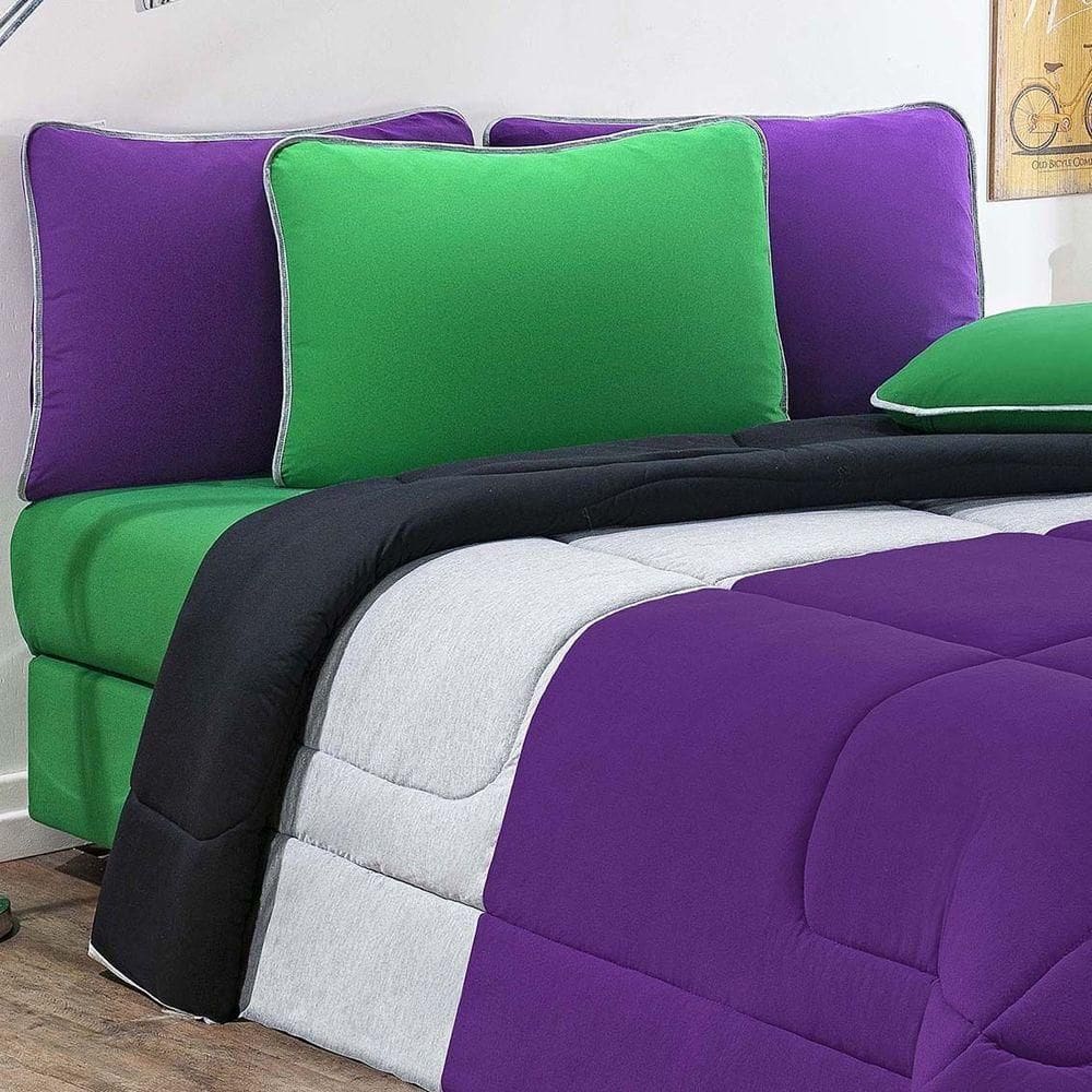 Kit Edredom + Jogo De Lençol Malha 100% Algodão Urbano 6 Peças Queen - Roxo-mescla-preto