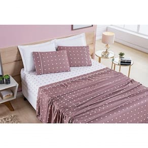 Jogo De Cama Lençol 200 Fios Petit Poá Casal Padrão 04 Peças - Rose