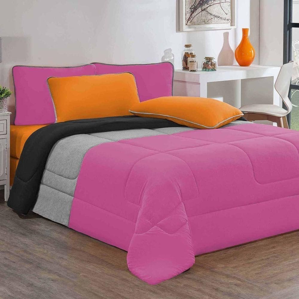 Kit Edredom Jogo De Lençol Malha 100% Algodão 7 Peças King Pink-mescla-laranja