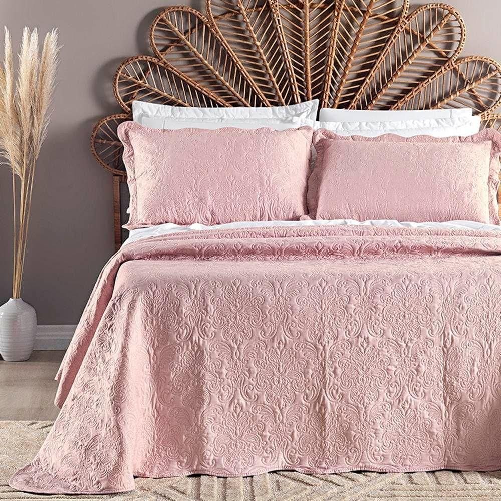 Colcha Queen Angele Dupla Face 200 Fios Bordado 3 Peças - Rosa Suave