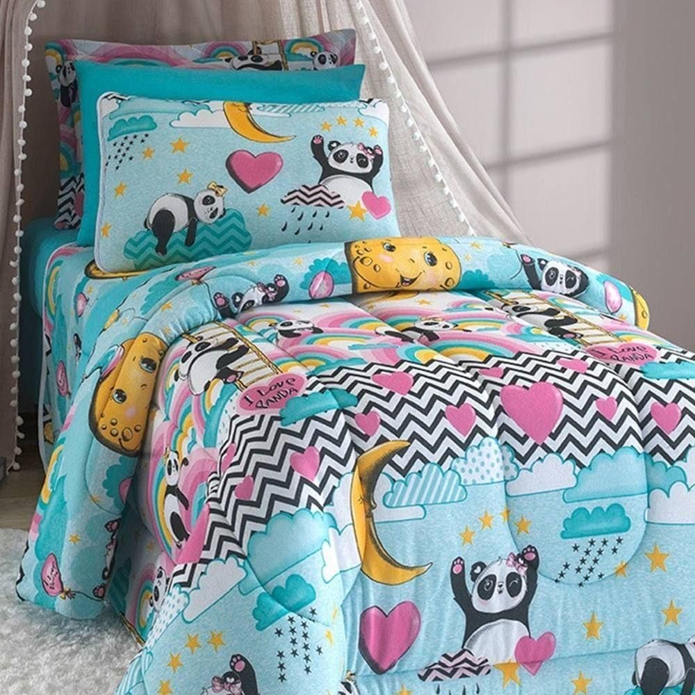 Edredom Solteiro Liverpool Kids Dupla Face Malha Estampada 4 Peças - Love Panda