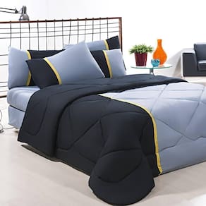 Enxoval Edredom + Jogo De Cama Queen Aconchego Premium 06 Peças Preto- Cinza