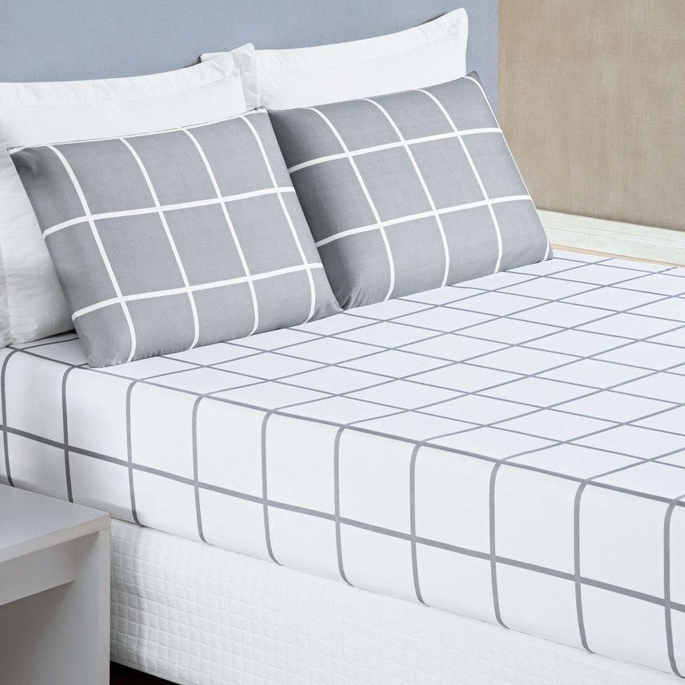 Jogo De Lençol King Austin Micropercal 200 Fios - 3 Peças Cor Xadrez Cinza