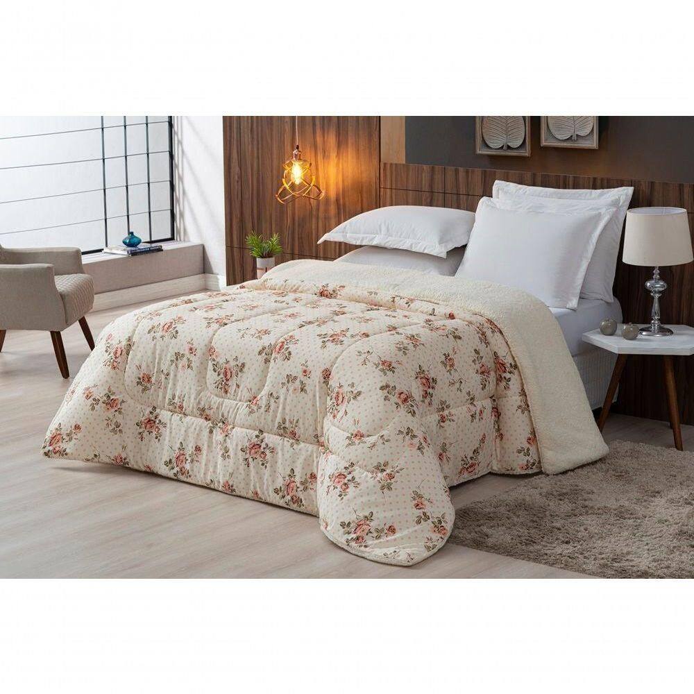 Coberdrom Sherpa/percal 180 Fios Estampado Solteiro Gran Moratta 01 Peça - Floral Salmão