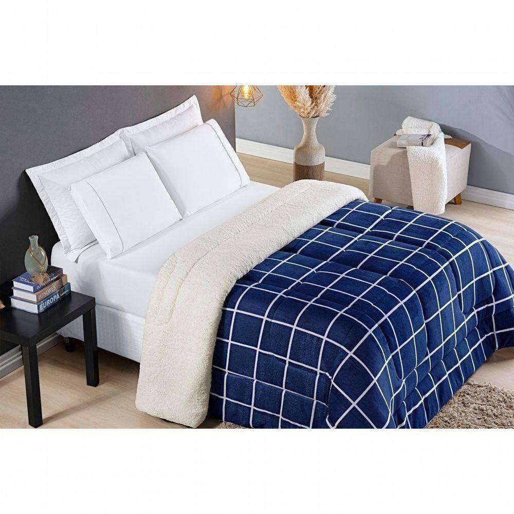 Coberdrom Sherpa E Flannel Austin Queen Manta 150g 01 Peça - Marinho