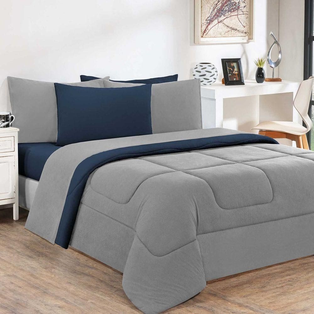 Kit Edredom + Jogo De Lençol 100% Algodão Gran Moratta 7 Peças Casal Cinza-azul Marinho