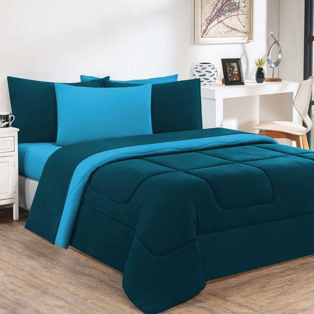 Edredom + Jogo De Lençol Malha 100% Algodão Gran Moratta 7 Peças Casal - Azul Petróleo-azul Turquesa