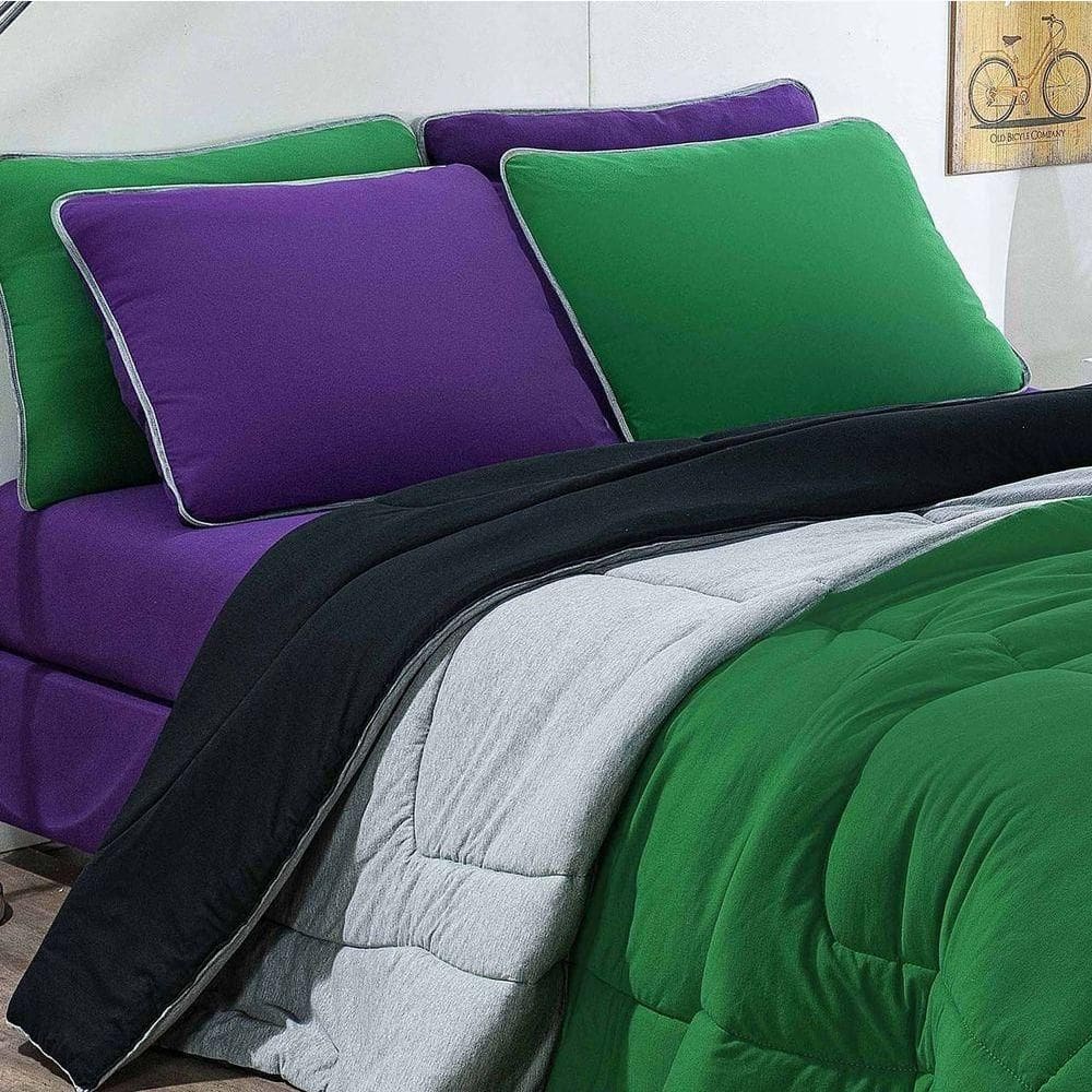 Kit Edredom + Jogo De Lençol Malha 100% Algodão Urbano 6 Peças King - Verde Bandeira-mescla-roxo
