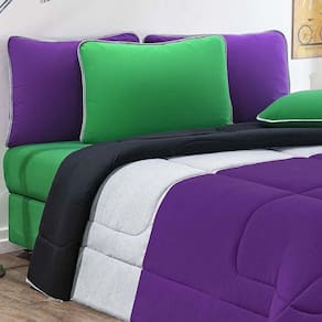 Kit Edredom + Jogo De Lençol Malha 100% Algodão Urbano 4 Peças Solteiro - Roxo-mescla-preto