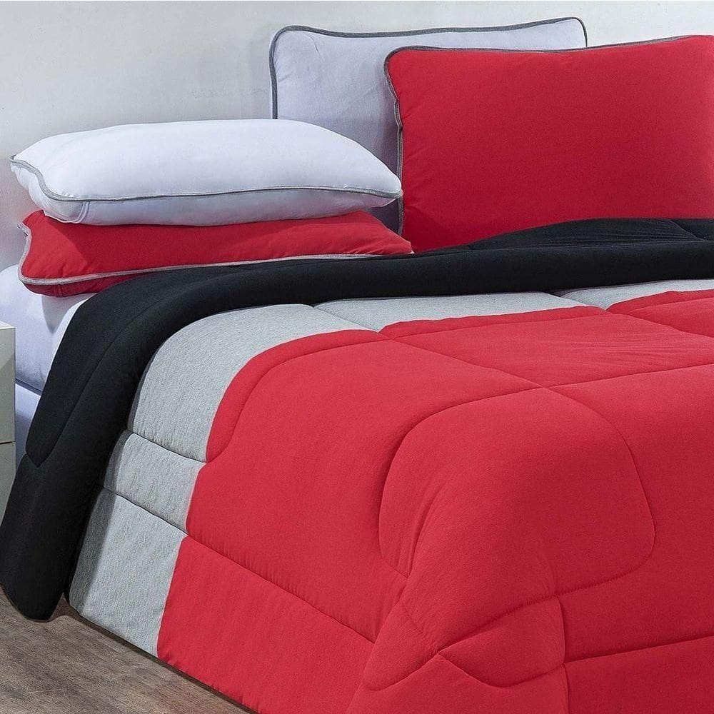 Kit Edredom + Jogo De Lençol Malha 100% Algodão Urbano 6 Peças King - Vermelho-mescla-branco