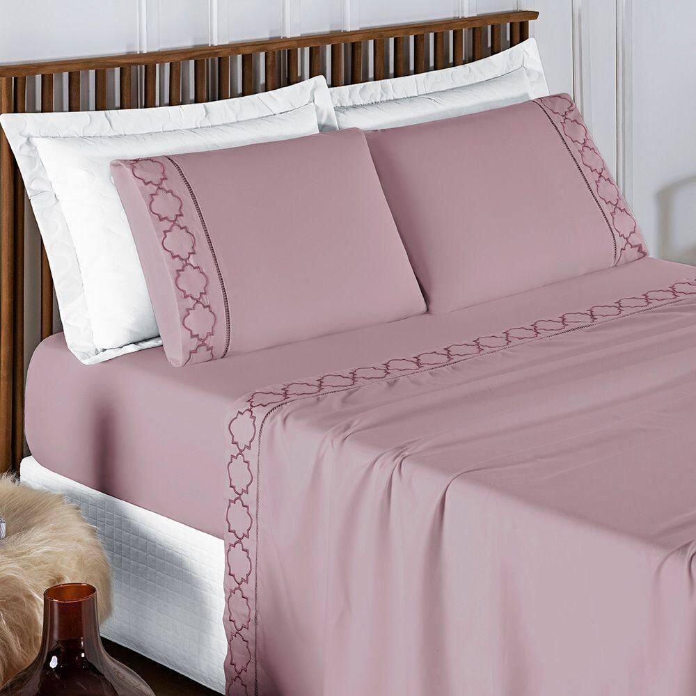 Jogo De Cama 300 Fios Bordado Queen Infinity 04 Peças Frapê De Uva