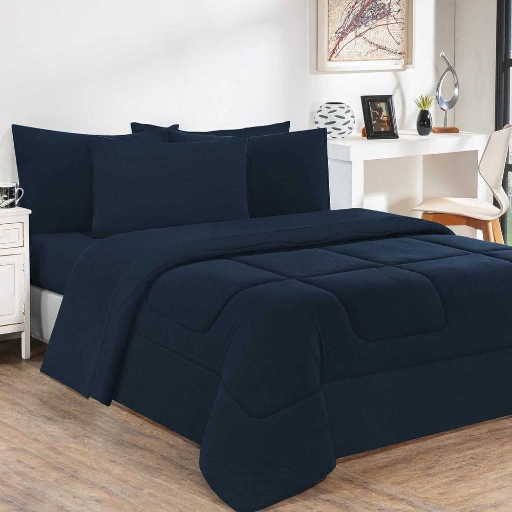 Edredom + Jogo De Lençol Malha 100% Algodão Gran Moratta 7 Peças Casal - Azul Marinho-azul Marinho