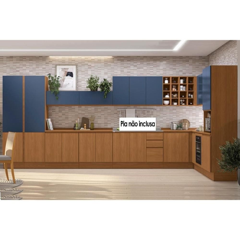 Cozinha Completa Ciela 22 Peças (5Aéreos+6Balcões+3Paneleiros+8Complementos) C22P82 Canela/Azul Profundo - Kappesberg